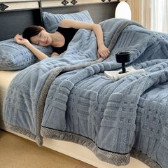 European Union Fur Wool Blanket | 3D Embossed Checkered Plus Design | 230*200cm (1.6kg) | Blue Sea