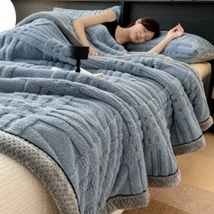 European Union Fur Wool Blanket | 3D Embossed Checkered Plus Design | 230*200cm (1.6kg) | Blue Sea