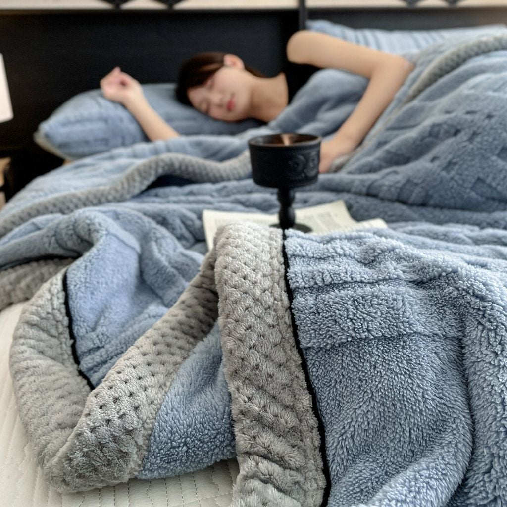 European Union Fur Wool Blanket | 3D Embossed Checkered Plus Design | 230*200cm (1.6kg) | Blue Sea