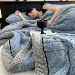 European Union Fur Wool Blanket | 3D Embossed Checkered Plus Design | 230*200cm (1.6kg) | Blue Sea