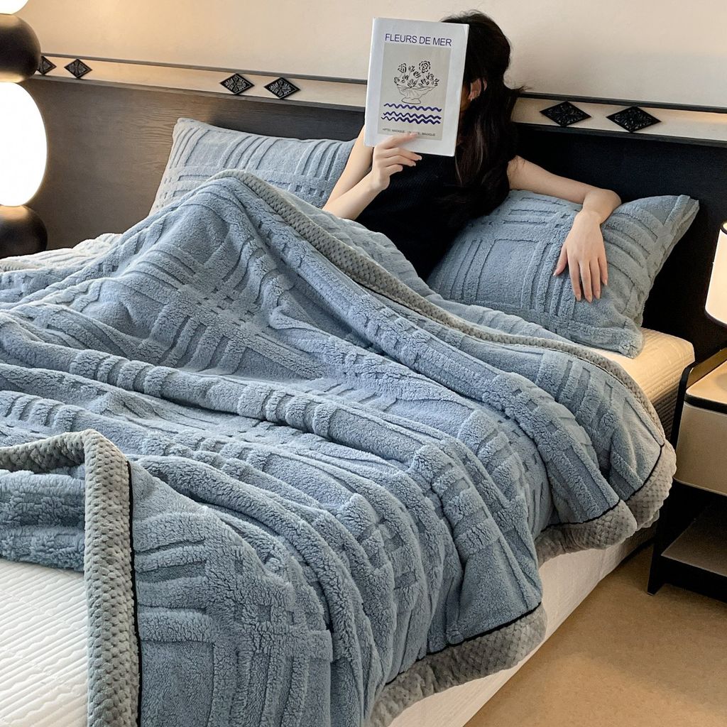 European Union Fur Wool Blanket | 3D Embossed Checkered Plus Design | 230*200cm (1.6kg) | Blue Sea