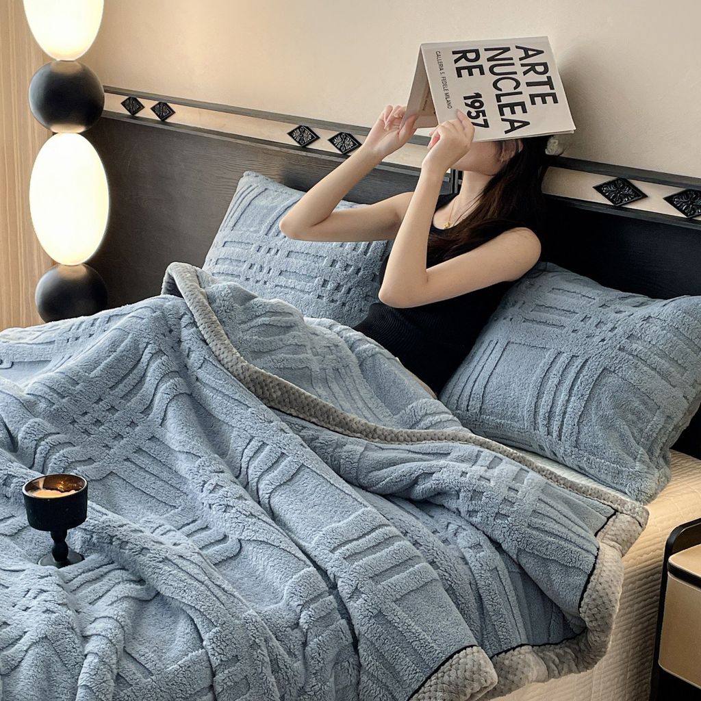 European Union Fur Wool Blanket | 3D Embossed Checkered Plus Design | 230*200cm (1.6kg) | Blue Sea