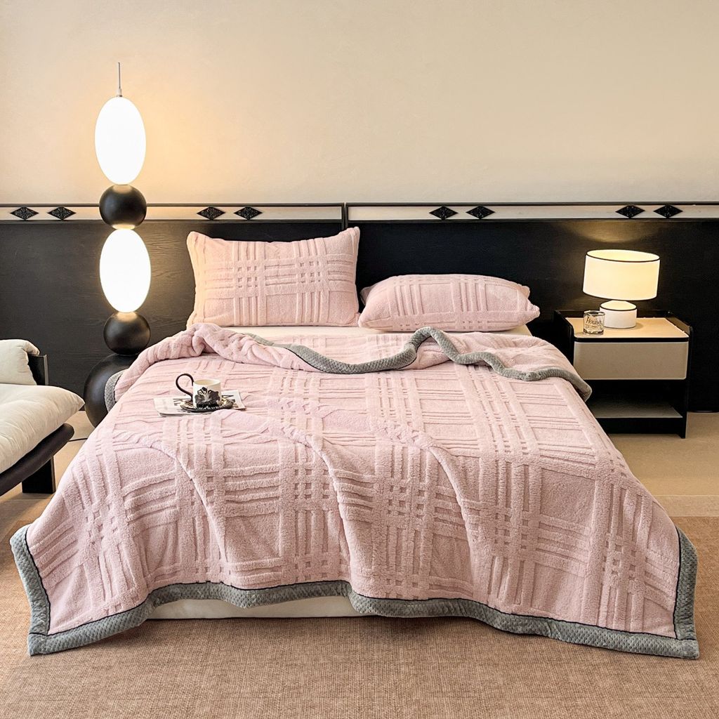 European Union Fur Wool Blanket | 3D Embossed Checkered Plus Design | 230*200cm (1.6kg) | Sweet Pastel Pink