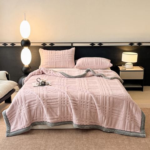 European Union Fur Wool Blanket | 3D Embossed Checkered Plus Design | 230*200cm (1.6kg) | Sweet Pastel Pink