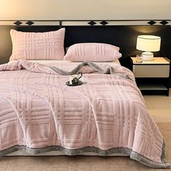 European Union Fur Wool Blanket | 3D Embossed Checkered Plus Design | 230*200cm (1.6kg) | Sweet Pastel Pink