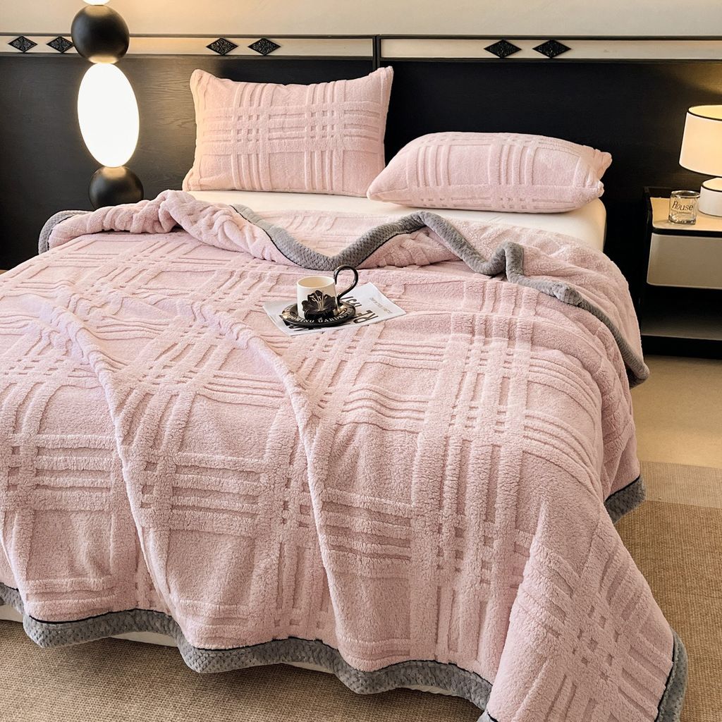 European Union Fur Wool Blanket | 3D Embossed Checkered Plus Design | 230*200cm (1.6kg) | Sweet Pastel Pink