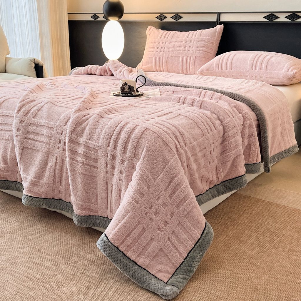 European Union Fur Wool Blanket | 3D Embossed Checkered Plus Design | 230*200cm (1.6kg) | Sweet Pastel Pink