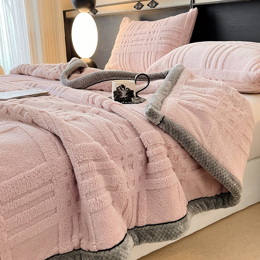 European Union Fur Wool Blanket | 3D Embossed Checkered Plus Design | 230*200cm (1.6kg) | Sweet Pastel Pink