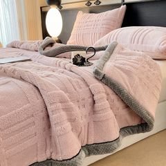 European Union Fur Wool Blanket | 3D Embossed Checkered Plus Design | 230*200cm (1.6kg) | Sweet Pastel Pink