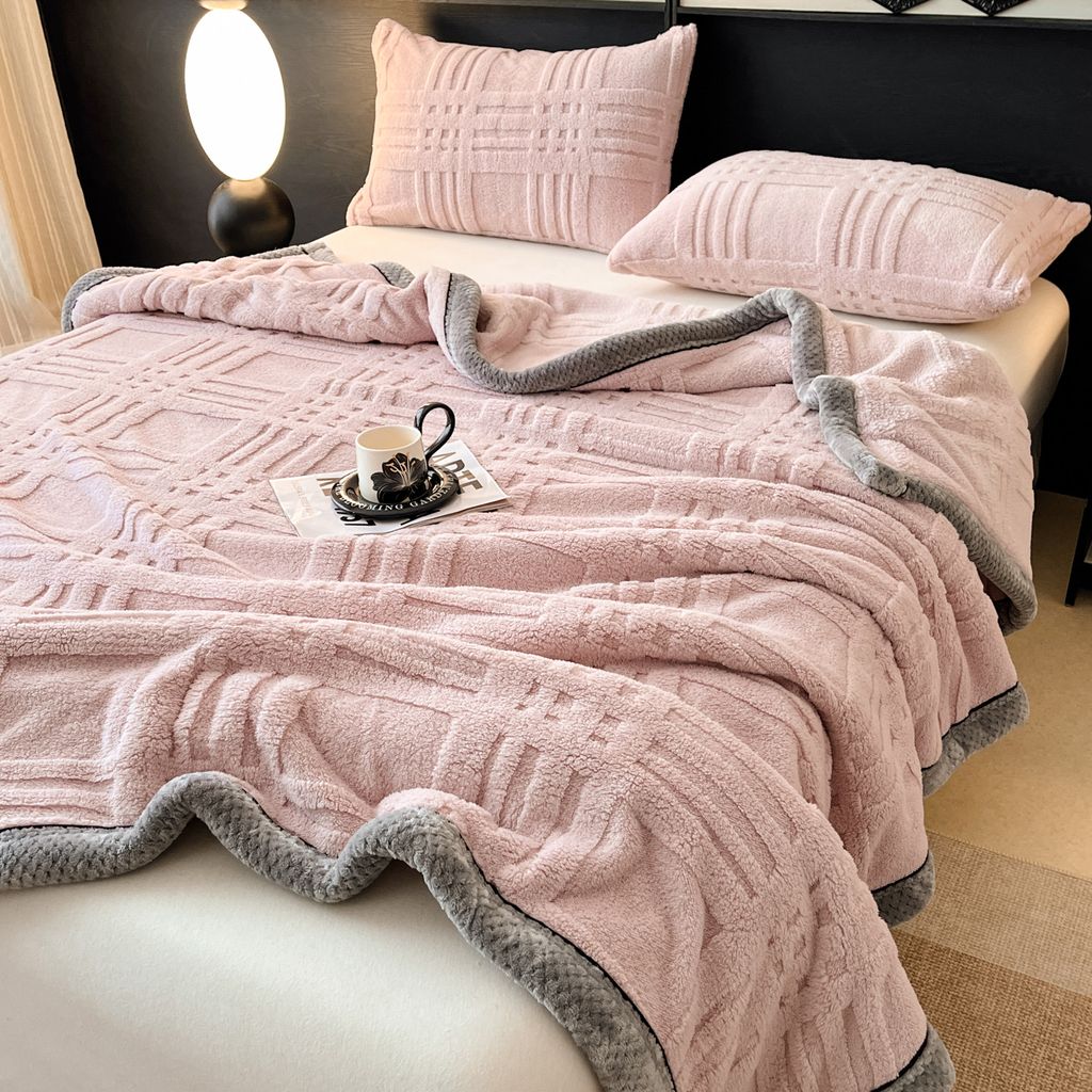 European Union Fur Wool Blanket | 3D Embossed Checkered Plus Design | 230*200cm (1.6kg) | Sweet Pastel Pink