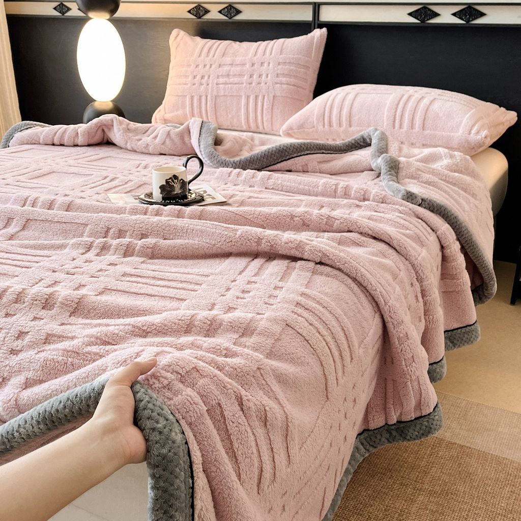 European Union Fur Wool Blanket | 3D Embossed Checkered Plus Design | 230*200cm (1.6kg) | Sweet Pastel Pink