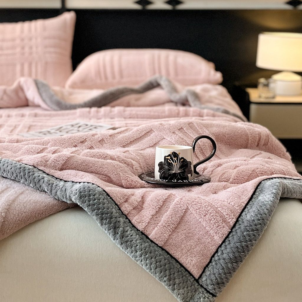 European Union Fur Wool Blanket | 3D Embossed Checkered Plus Design | 230*200cm (1.6kg) | Sweet Pastel Pink