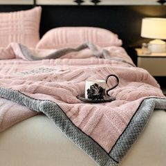 European Union Fur Wool Blanket | 3D Embossed Checkered Plus Design | 230*200cm (1.6kg) | Sweet Pastel Pink