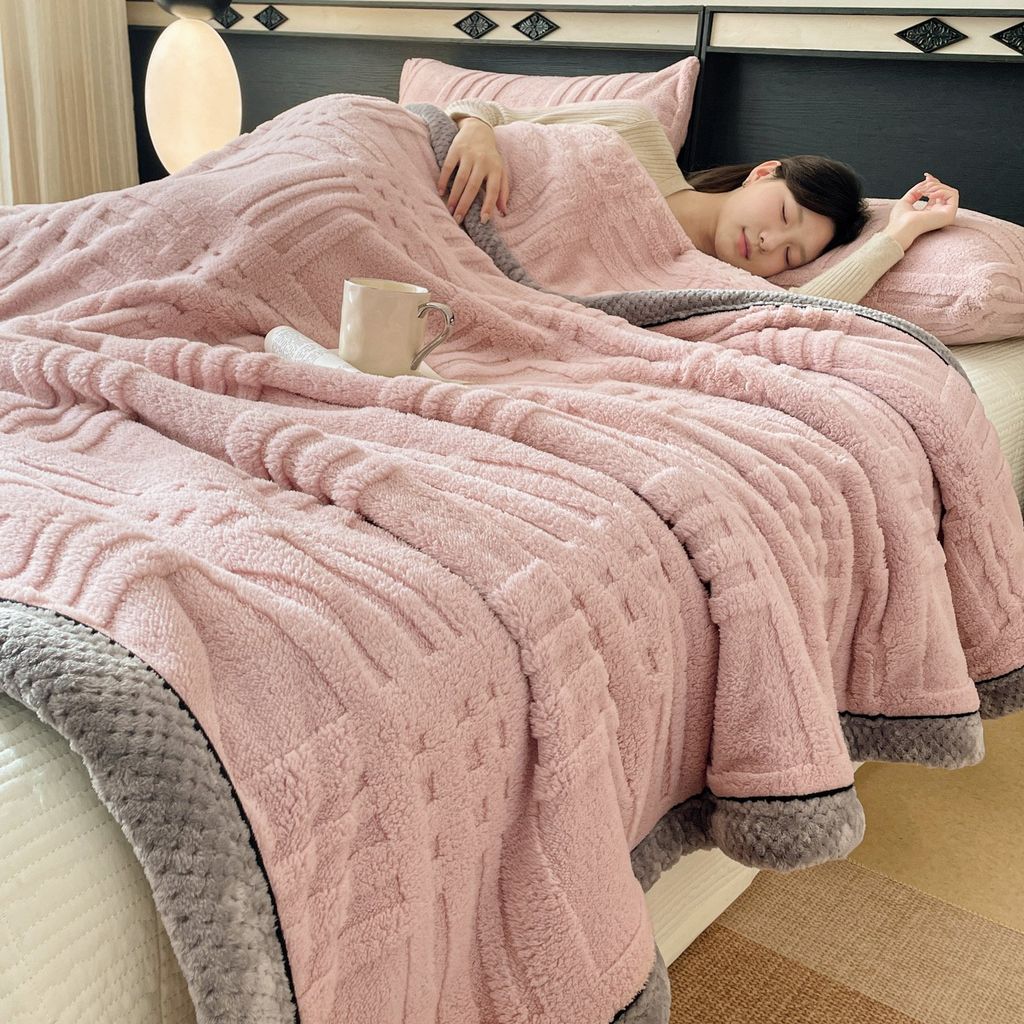 European Union Fur Wool Blanket | 3D Embossed Checkered Plus Design | 230*200cm (1.6kg) | Sweet Pastel Pink