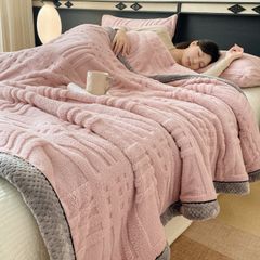 European Union Fur Wool Blanket | 3D Embossed Checkered Plus Design | 230*200cm (1.6kg) | Sweet Pastel Pink