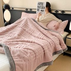 European Union Fur Wool Blanket | 3D Embossed Checkered Plus Design | 230*200cm (1.6kg) | Sweet Pastel Pink