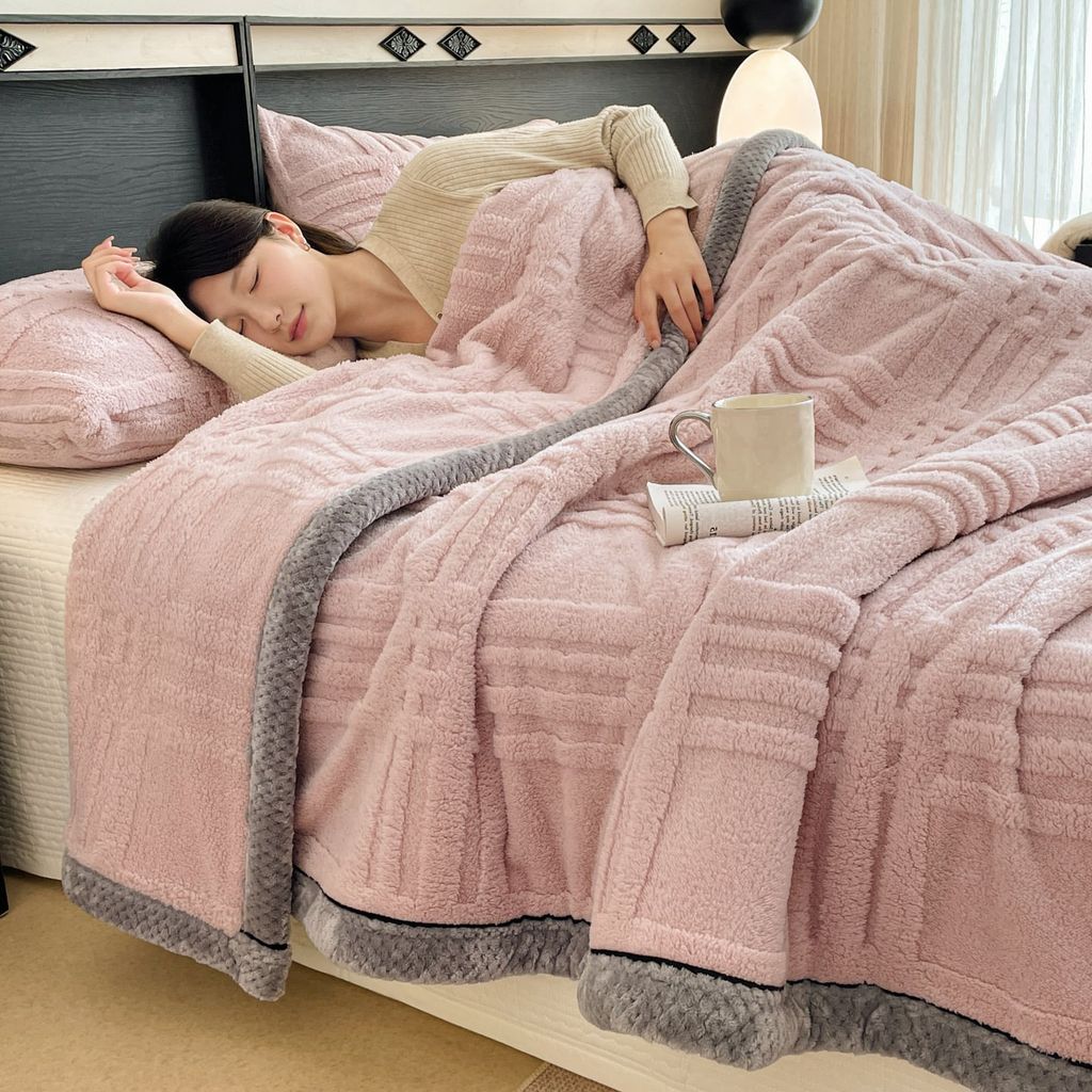 European Union Fur Wool Blanket | 3D Embossed Checkered Plus Design | 230*200cm (1.6kg) | Sweet Pastel Pink