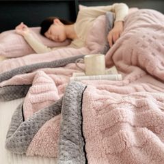 European Union Fur Wool Blanket | 3D Embossed Checkered Plus Design | 230*200cm (1.6kg) | Sweet Pastel Pink