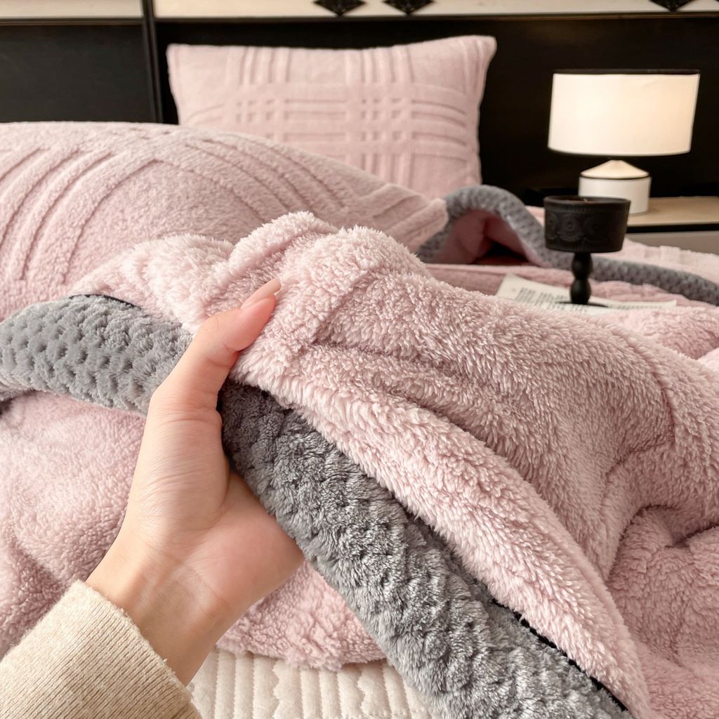 European Union Fur Wool Blanket | 3D Embossed Checkered Plus Design | 230*200cm (1.6kg) | Sweet Pastel Pink