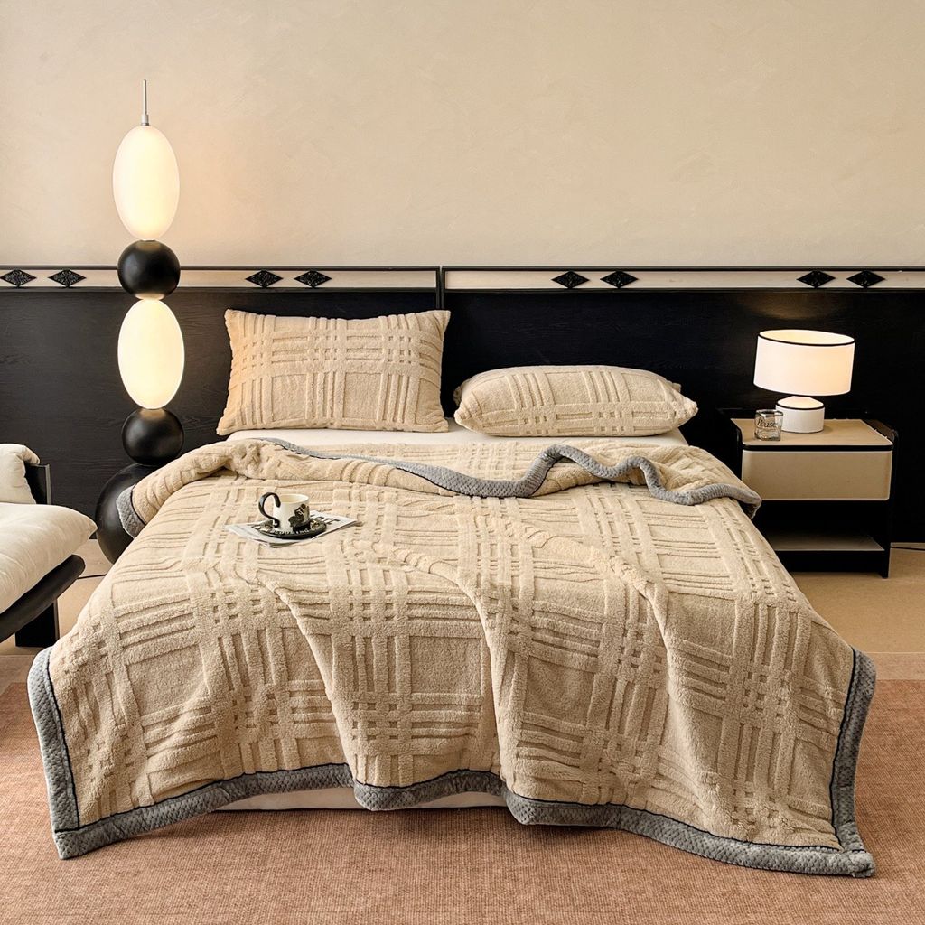 European Union Fur Wool Blanket | 3D Embossed Checkered Plus Design | 230*200cm (1.6kg) | Camel
