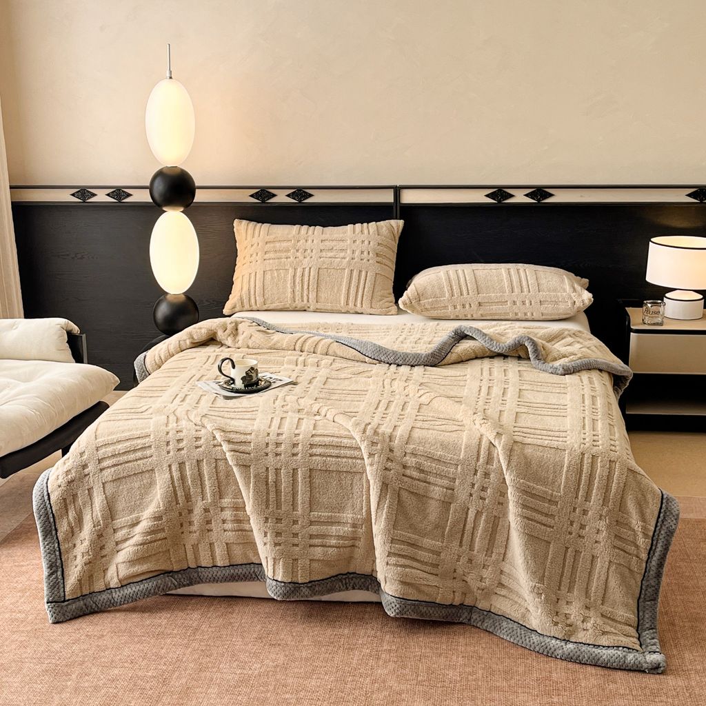 European Union Fur Wool Blanket | 3D Embossed Checkered Plus Design | 230*200cm (1.6kg) | Camel