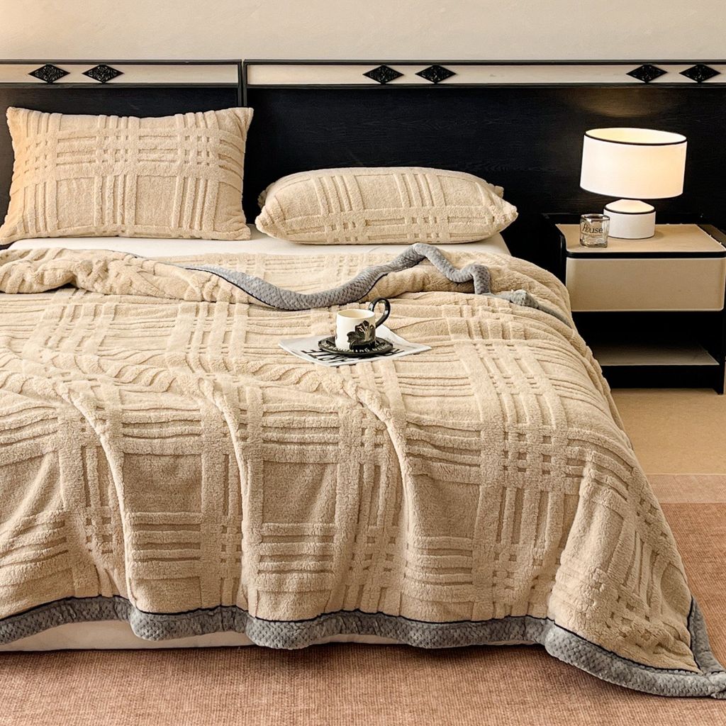 European Union Fur Wool Blanket | 3D Embossed Checkered Plus Design | 230*200cm (1.6kg) | Camel
