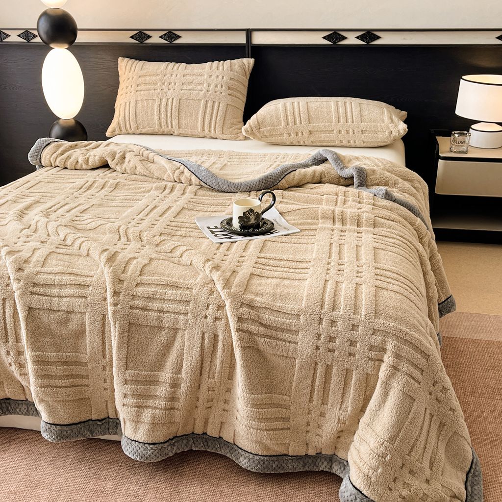 European Union Fur Wool Blanket | 3D Embossed Checkered Plus Design | 230*200cm (1.6kg) | Camel