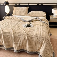 European Union Fur Wool Blanket | 3D Embossed Checkered Plus Design | 230*200cm (1.6kg) | Camel