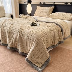 European Union Fur Wool Blanket | 3D Embossed Checkered Plus Design | 230*200cm (1.6kg) | Camel