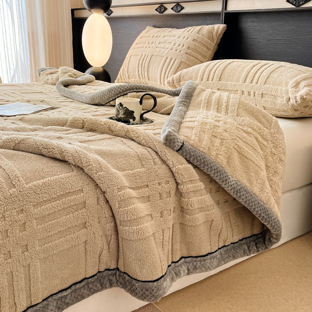 European Union Fur Wool Blanket | 3D Embossed Checkered Plus Design | 230*200cm (1.6kg) | Camel