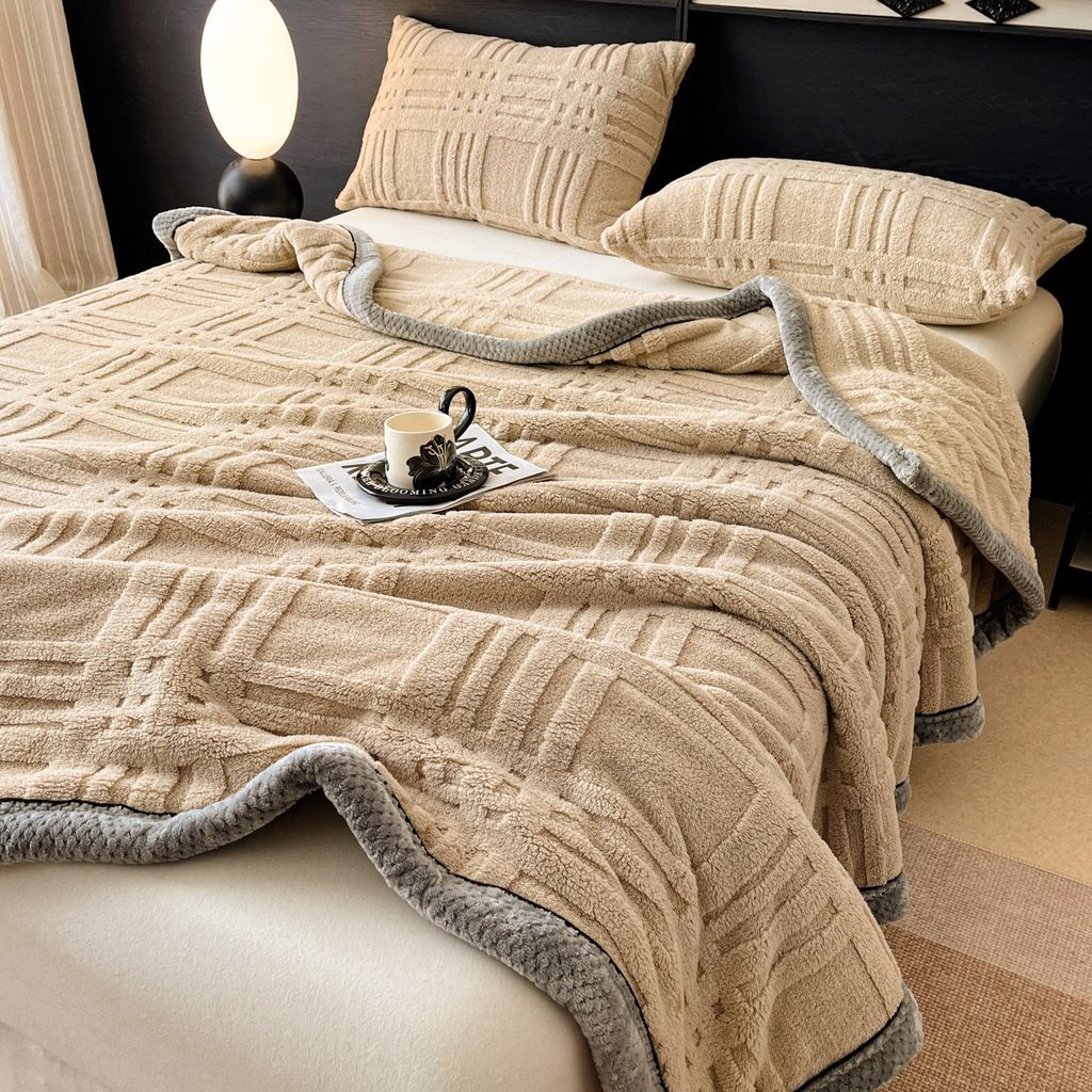 European Union Fur Wool Blanket | 3D Embossed Checkered Plus Design | 230*200cm (1.6kg) | Camel