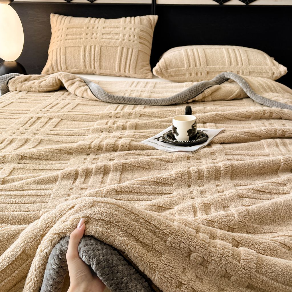 European Union Fur Wool Blanket | 3D Embossed Checkered Plus Design | 230*200cm (1.6kg) | Camel