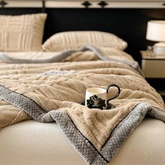 European Union Fur Wool Blanket | 3D Embossed Checkered Plus Design | 230*200cm (1.6kg) | Camel