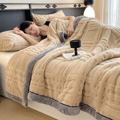 European Union Fur Wool Blanket | 3D Embossed Checkered Plus Design | 230*200cm (1.6kg) | Camel