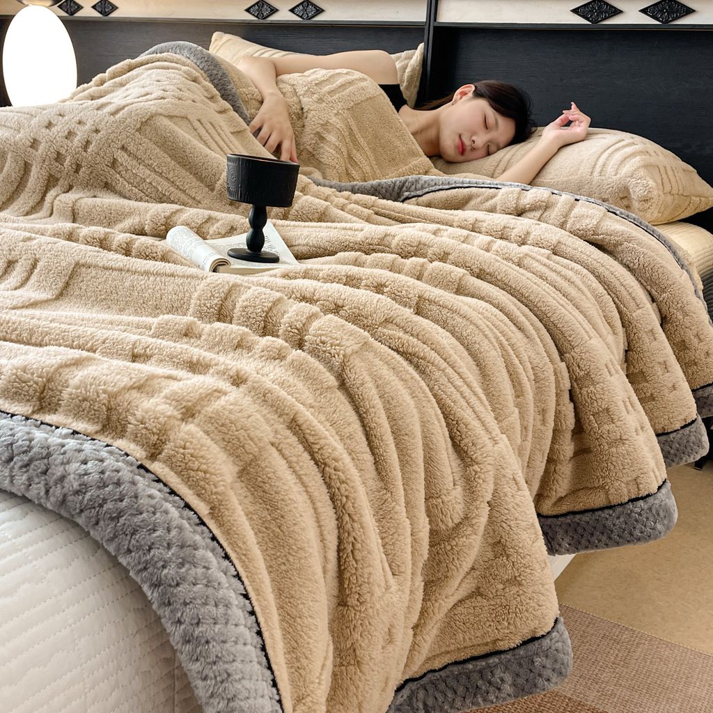 European Union Fur Wool Blanket | 3D Embossed Checkered Plus Design | 230*200cm (1.6kg) | Camel