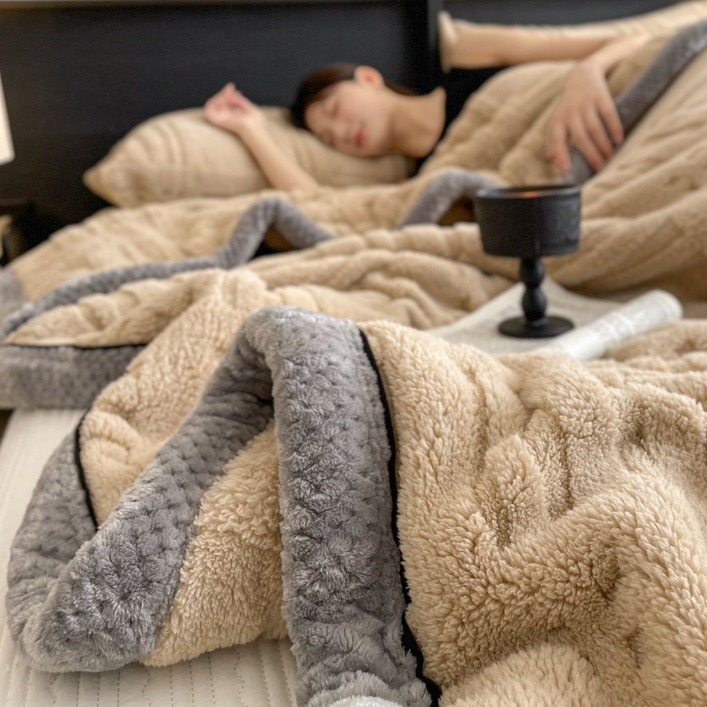 European Union Fur Wool Blanket | 3D Embossed Checkered Plus Design | 230*200cm (1.6kg) | Camel