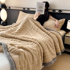 European Union Fur Wool Blanket | 3D Embossed Checkered Plus Design | 230*200cm (1.6kg) | Camel
