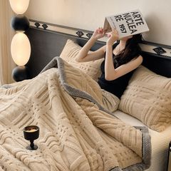 European Union Fur Wool Blanket | 3D Embossed Checkered Plus Design | 230*200cm (1.6kg) | Camel