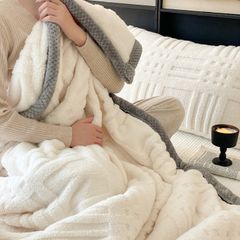 European Union Fur Wool Blanket | 3D Embossed Checkered Plus Design | 230*200cm (1.6kg) | White