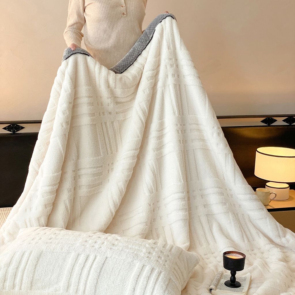European Union Fur Wool Blanket | 3D Embossed Checkered Plus Design | 230*200cm (1.6kg) | White