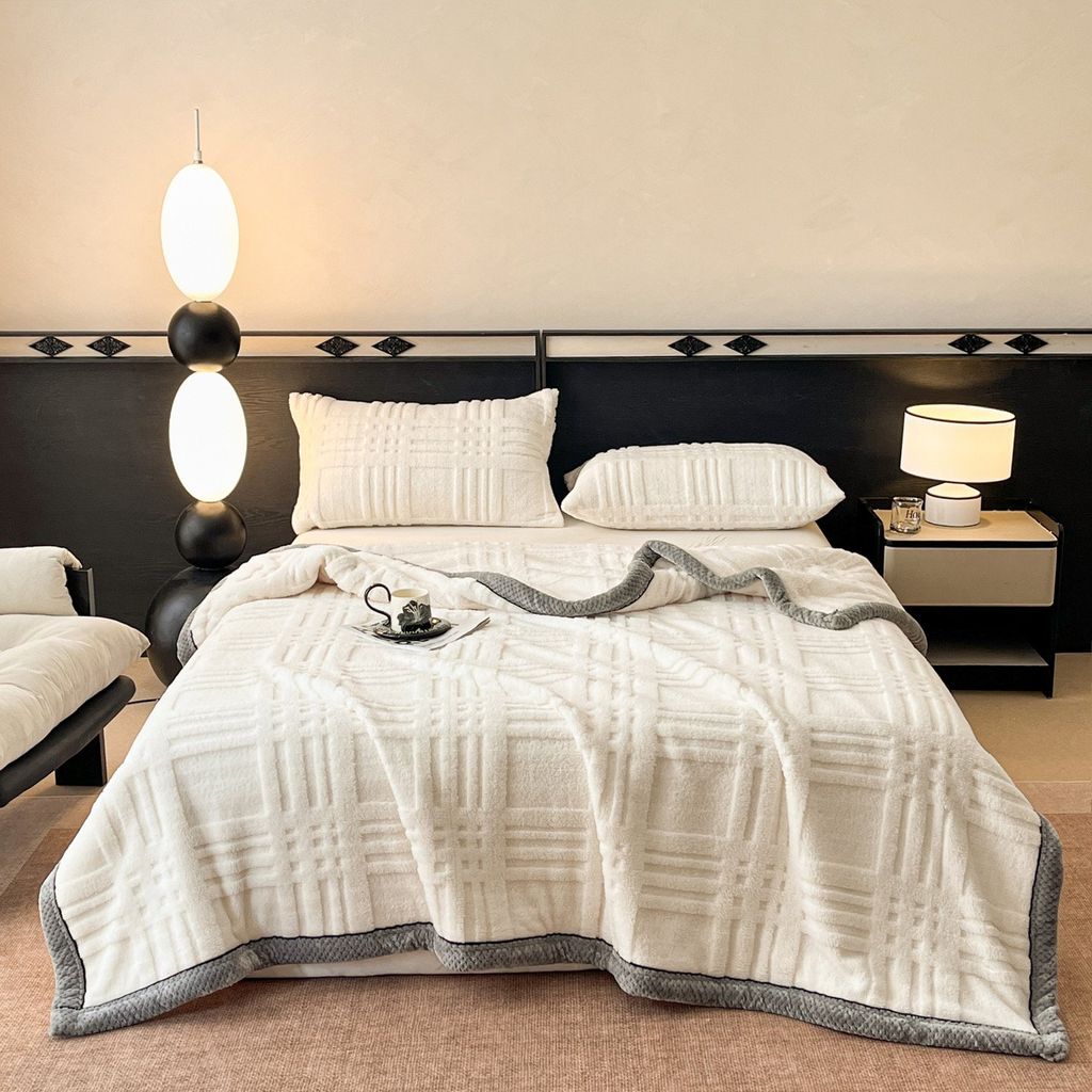 European Union Fur Wool Blanket | 3D Embossed Checkered Plus Design | 230*200cm (1.6kg) | White