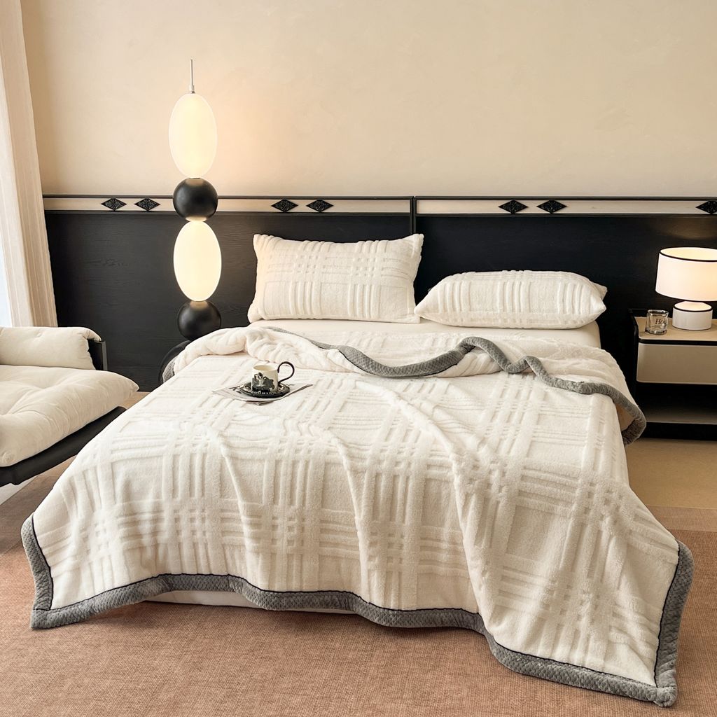 European Union Fur Wool Blanket | 3D Embossed Checkered Plus Design | 230*200cm (1.6kg) | White