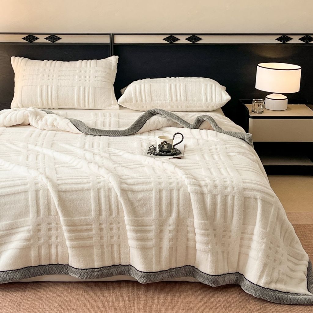 European Union Fur Wool Blanket | 3D Embossed Checkered Plus Design | 230*200cm (1.6kg) | White