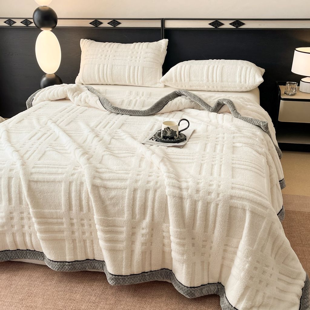 European Union Fur Wool Blanket | 3D Embossed Checkered Plus Design | 230*200cm (1.6kg) | White