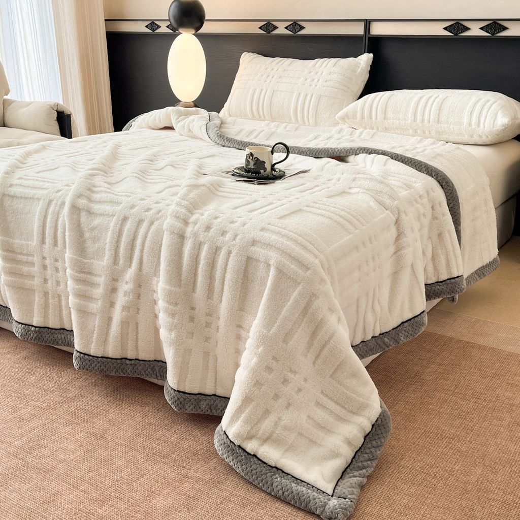European Union Fur Wool Blanket | 3D Embossed Checkered Plus Design | 230*200cm (1.6kg) | White