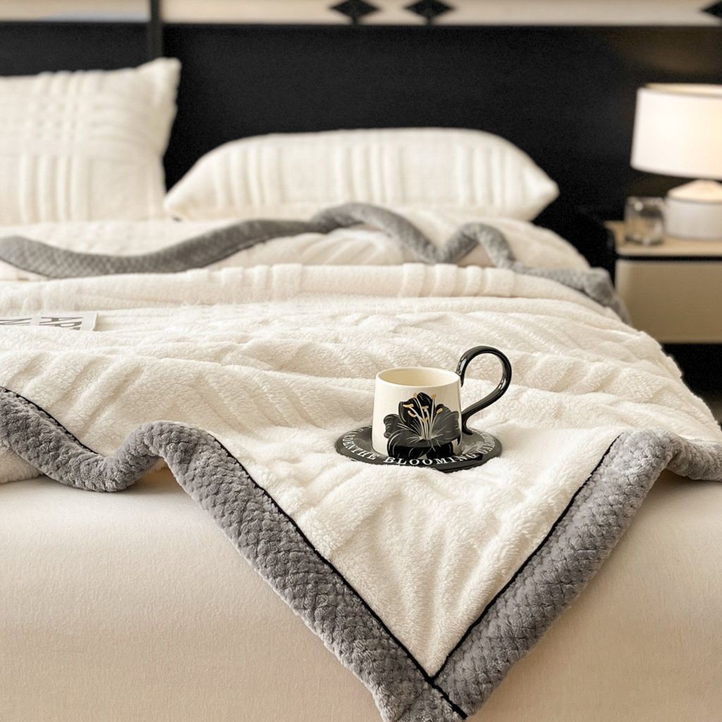 European Union Fur Wool Blanket | 3D Embossed Checkered Plus Design | 230*200cm (1.6kg) | White