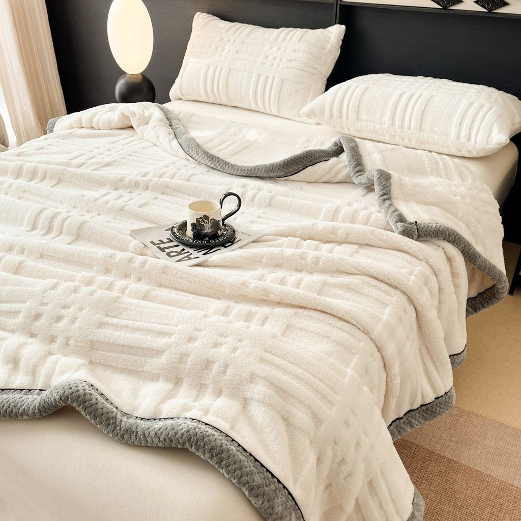 European Union Fur Wool Blanket | 3D Embossed Checkered Plus Design | 230*200cm (1.6kg) | White