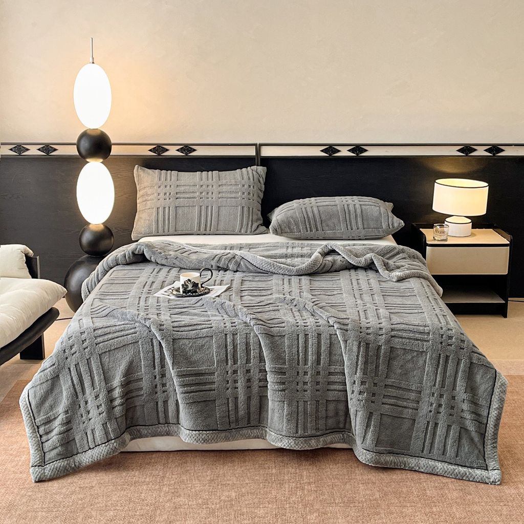 European Union Fur Wool Blanket | 3D Embossed Checkered Plus Design | 230*200cm (1.6kg) | Dark Gray