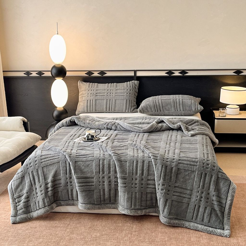 European Union Fur Wool Blanket | 3D Embossed Checkered Plus Design | 230*200cm (1.6kg) | Dark Gray