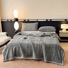 European Union Fur Wool Blanket | 3D Embossed Checkered Plus Design | 230*200cm (1.6kg) | Dark Gray